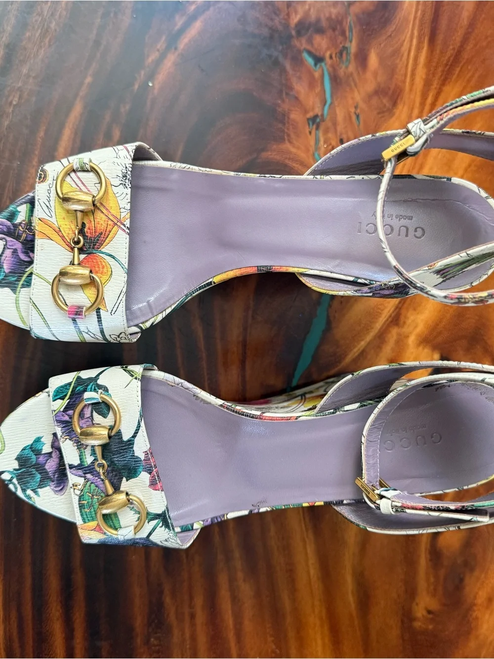 Gucci Floral Platform Sandals in White with Lavender Insole and Gold Hardware